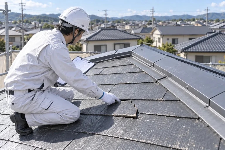 屋根材の周囲と端部を点検する様子