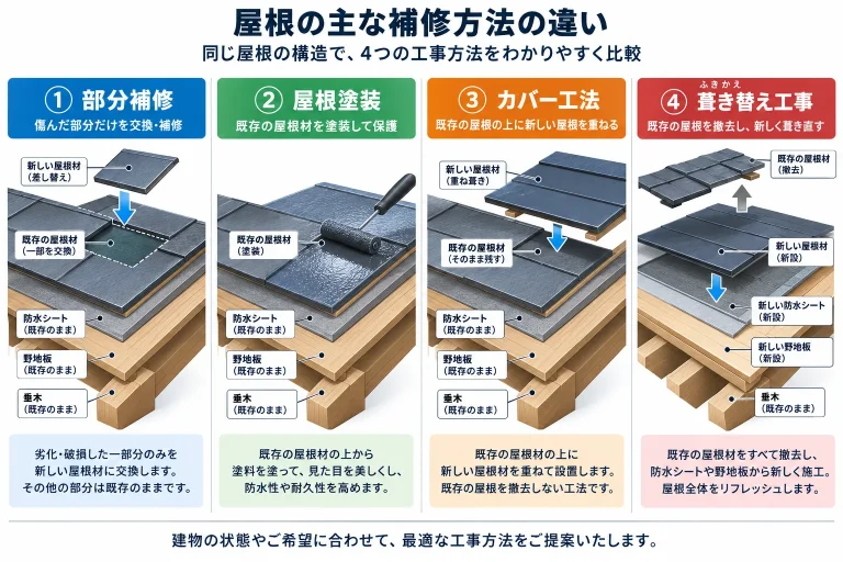 部分修理・塗装・カバー工法・葺き替えの比較