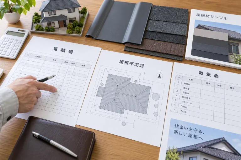 見積書・屋根平面図・屋根材サンプル・数量資料