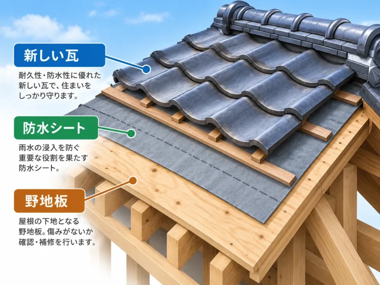 既存屋根を撤去して下地・防水を確認する構造説明図