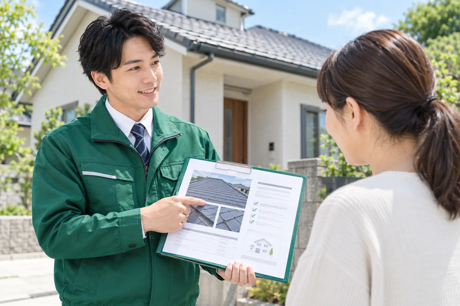 屋根の施工内容を確認して説明するイメージ