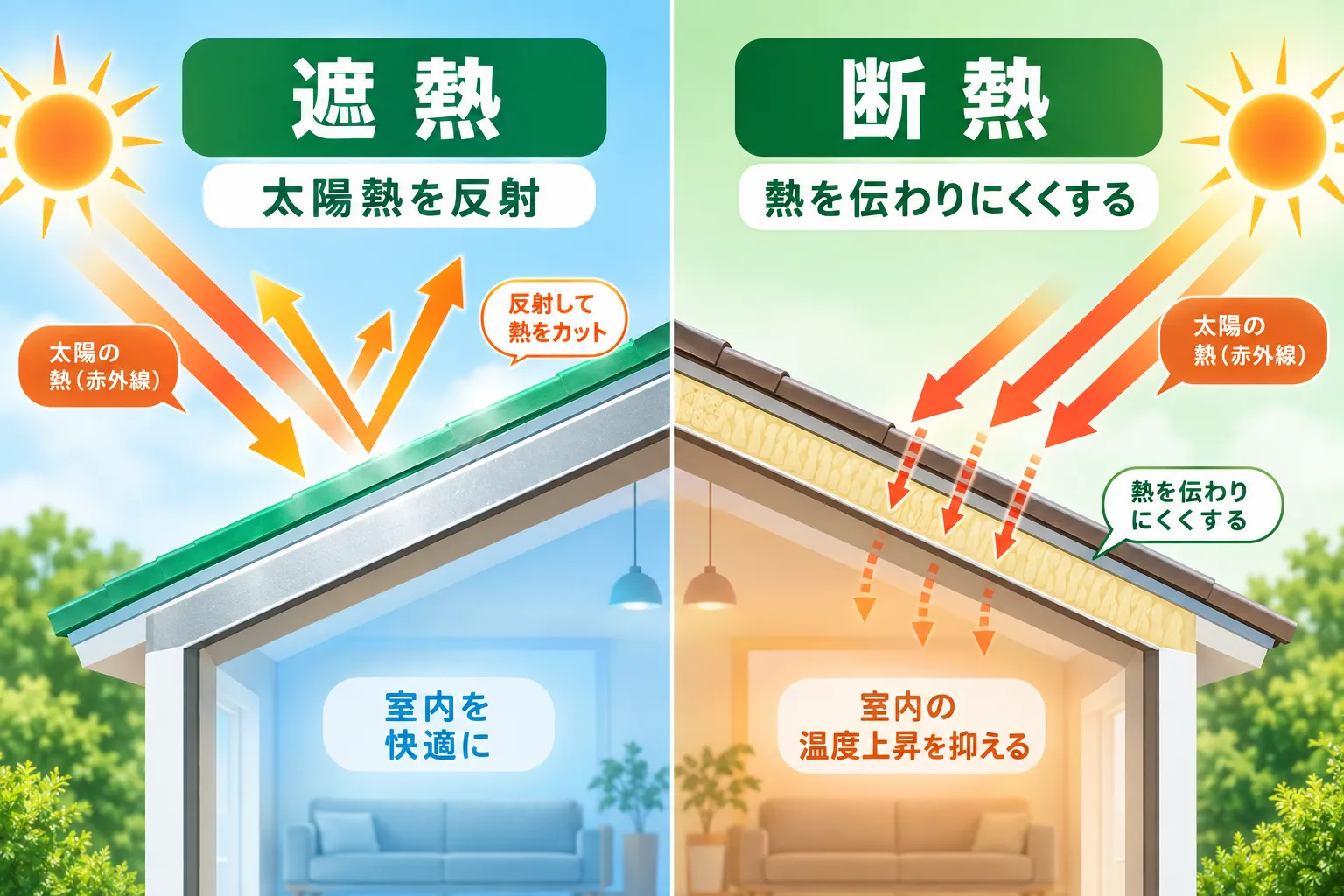 屋根表面で日射を反射する遮熱塗料の役割を説明するイメージ