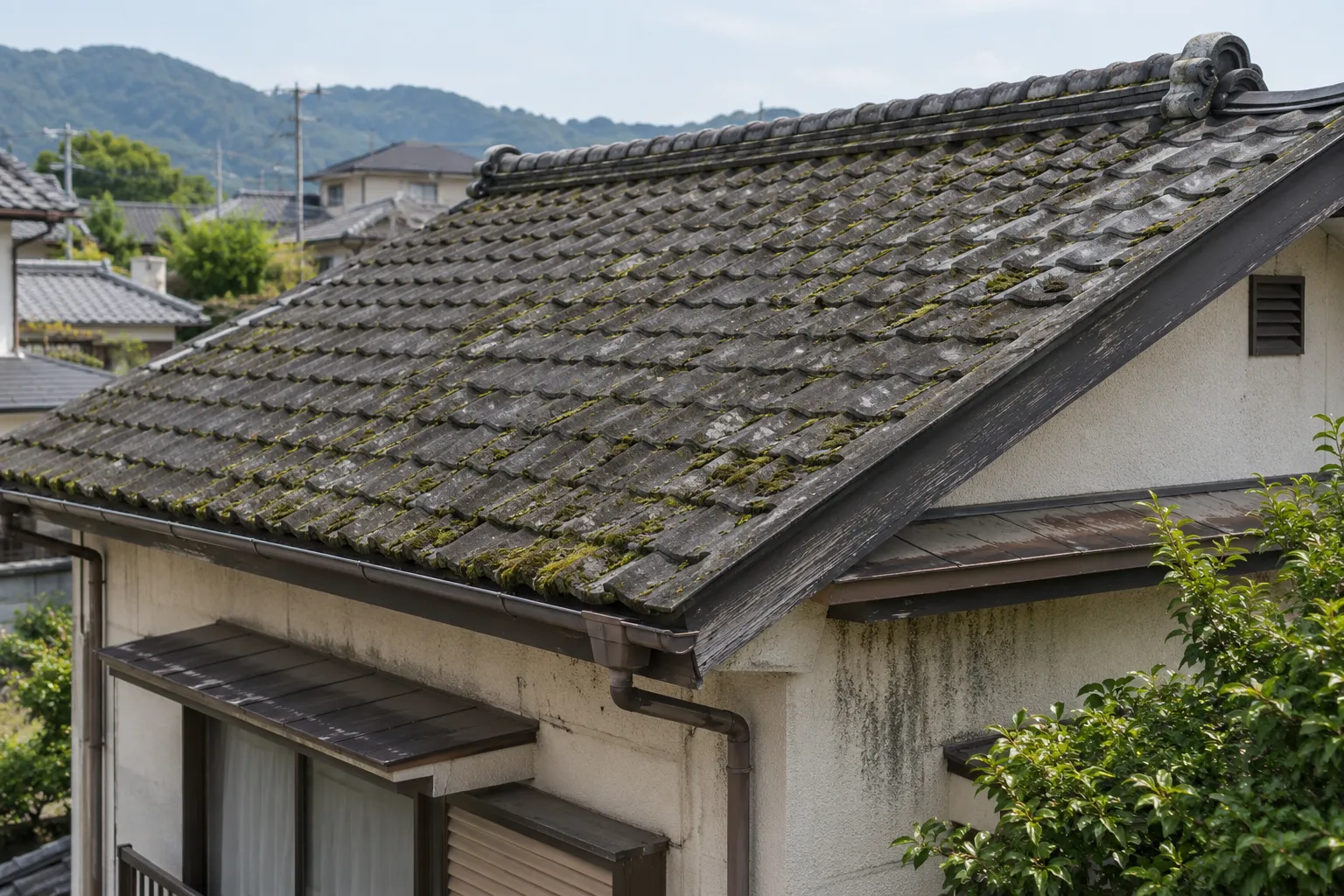 苔や藻が付着した屋根