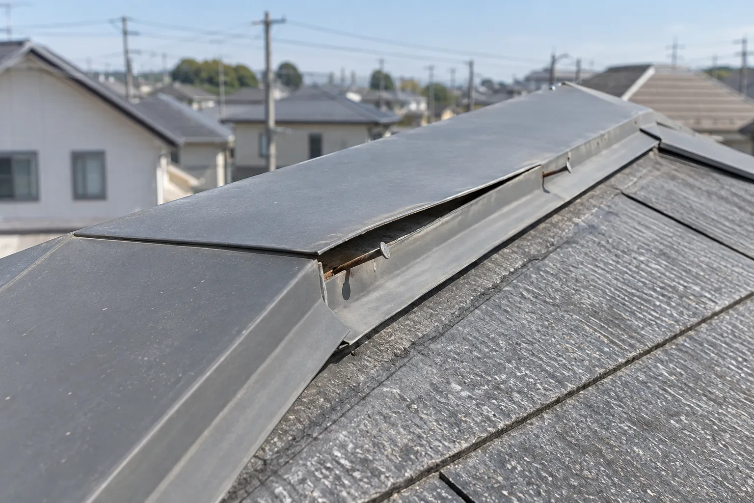 棟板金の浮きや釘抜けを確認する屋根
