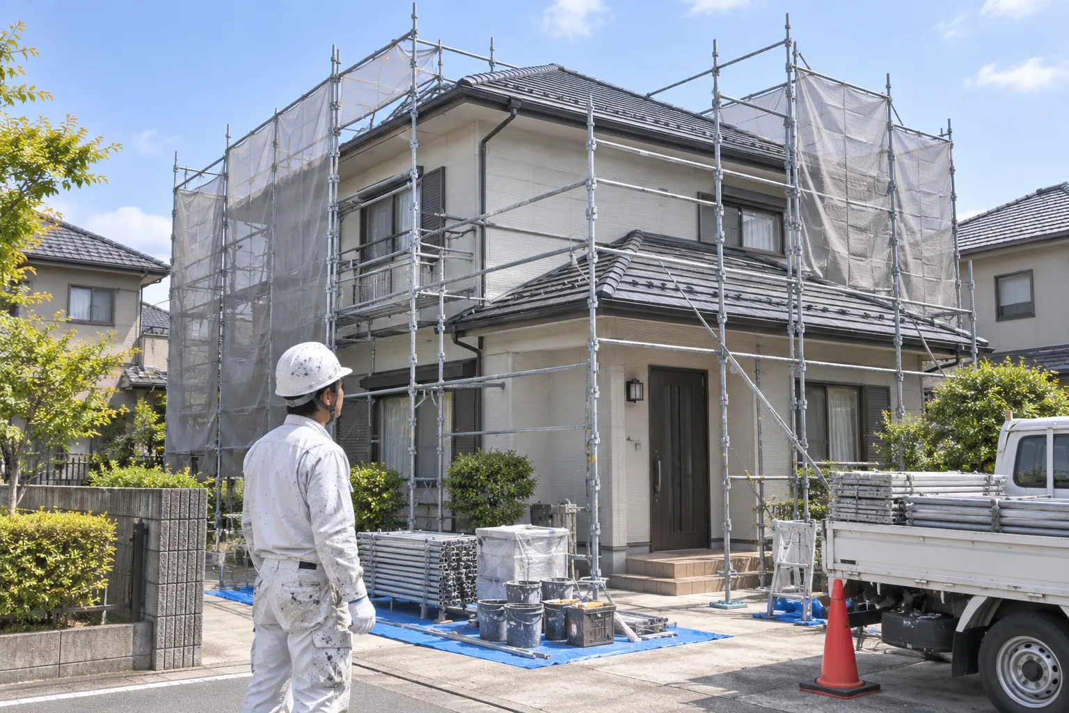近隣挨拶と足場を設置する工程