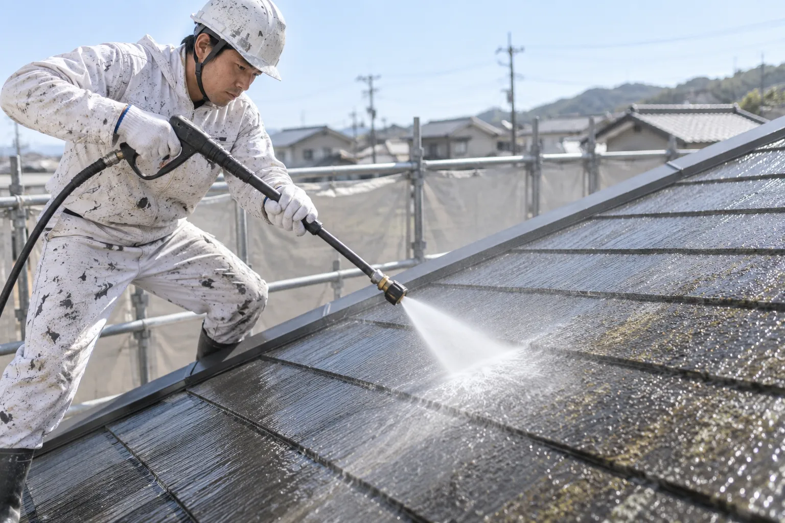 屋根を高圧洗浄する工程