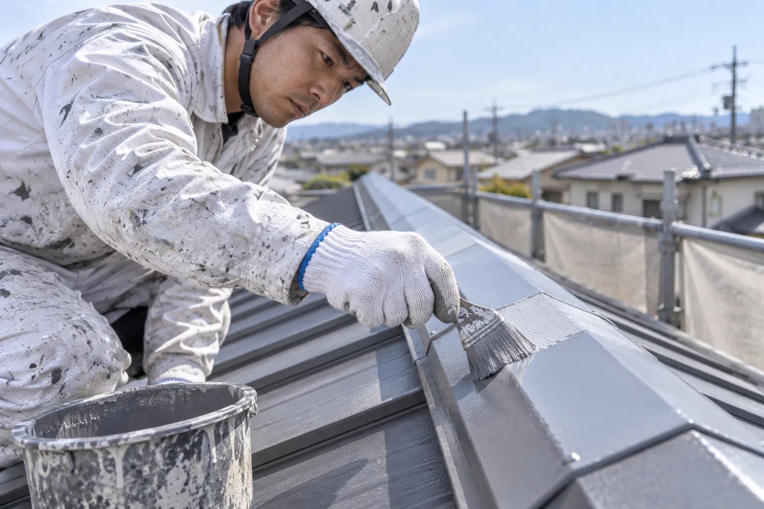 棟板金をケレンして錆止めする工程