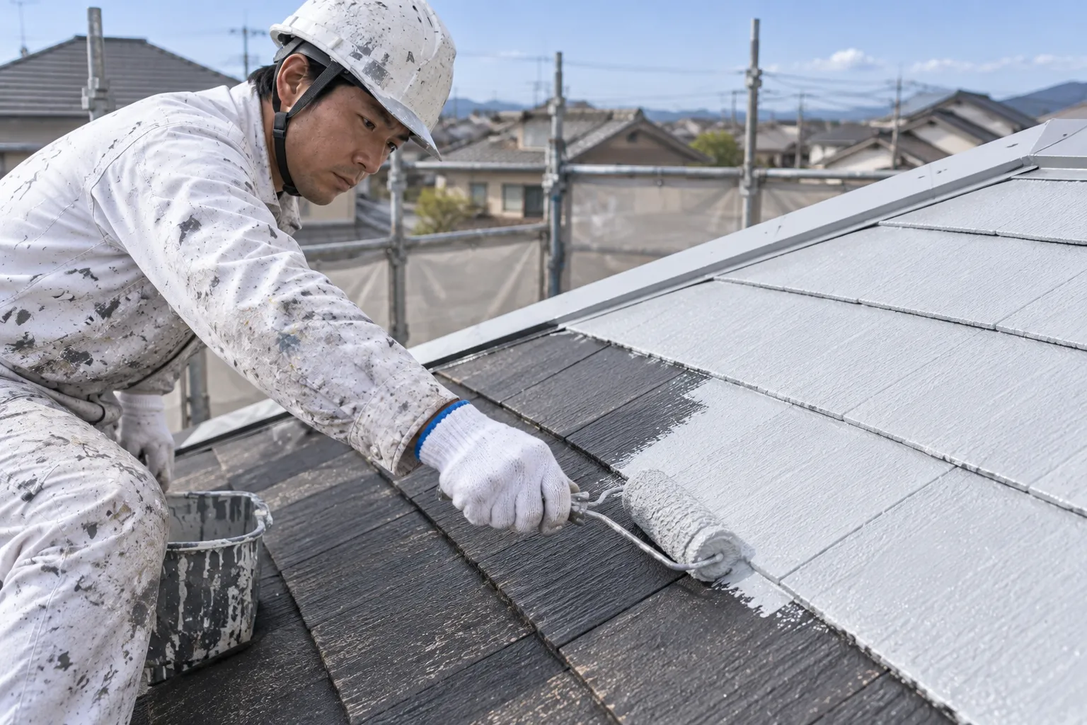 屋根に下塗りを施工する工程