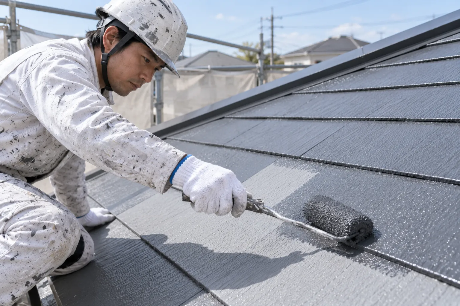 屋根に中塗りを施工する工程