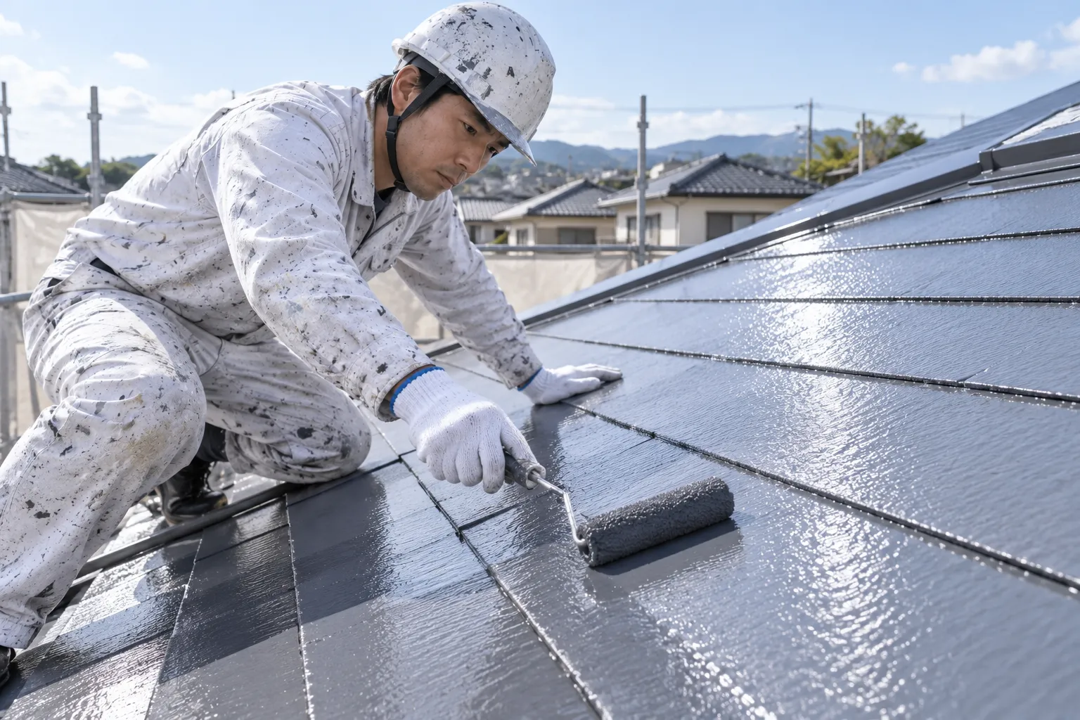 屋根の上塗りと完了検査を行う工程