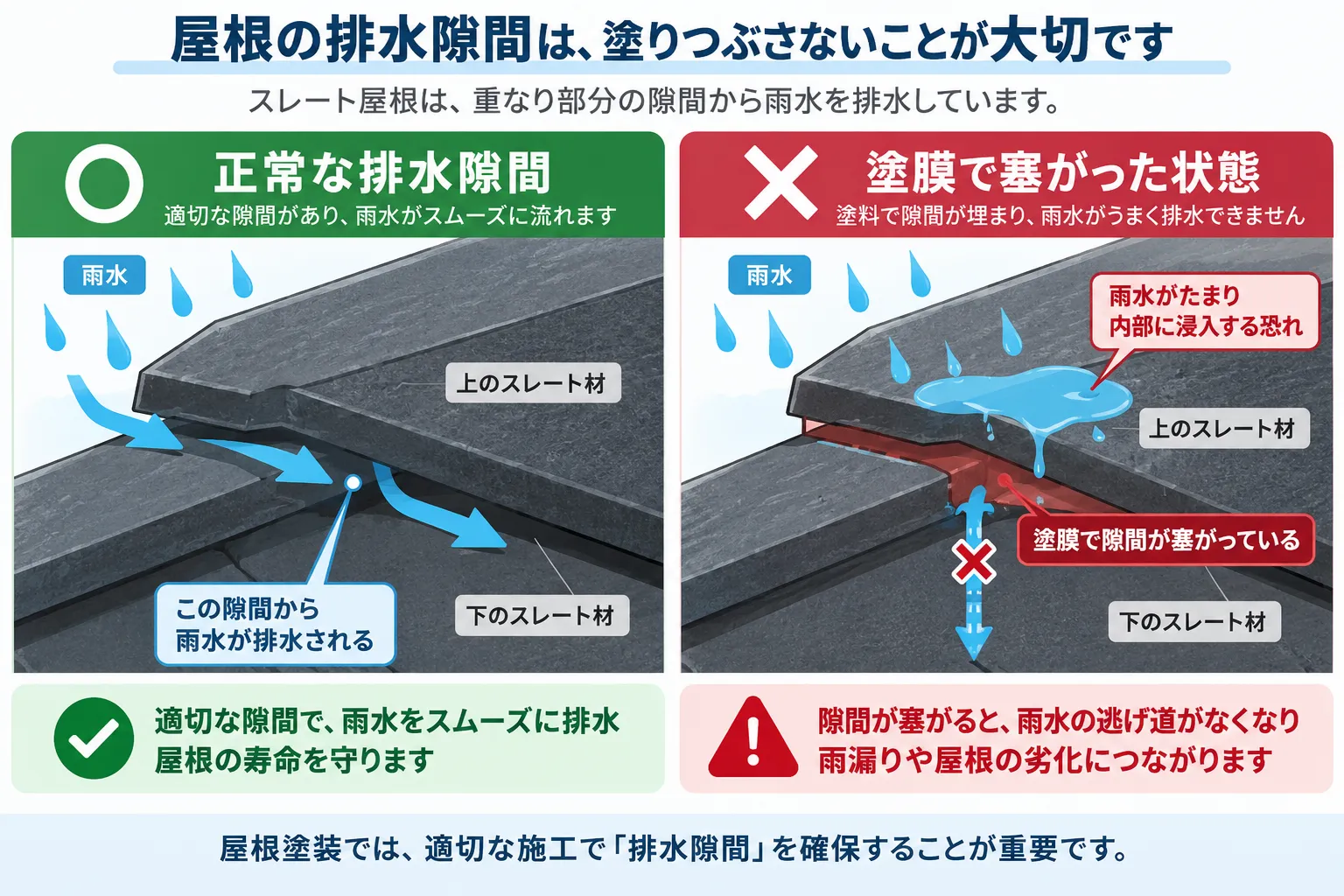 スレート屋根の重なりと排水経路、タスペーサーの役割を説明する図