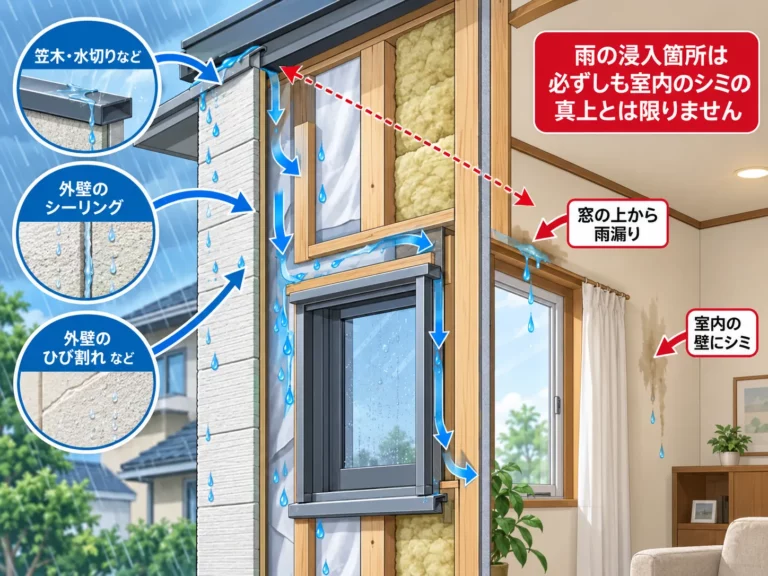 外壁内部を伝う雨水の入口・通り道・出口の説明図