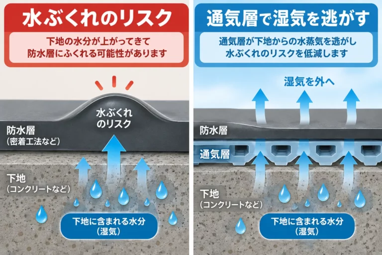 下地水分と防水層の膨れ