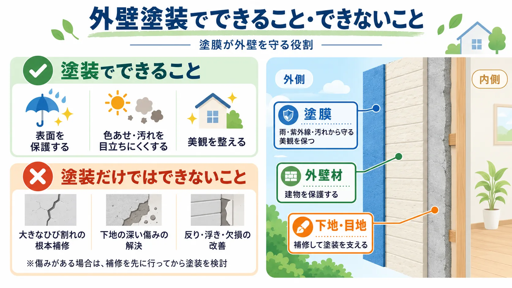 外壁塗装でできる表面保護と、塗装だけでは直せないひび割れ・下地・反り・浮き・欠損を説明した図