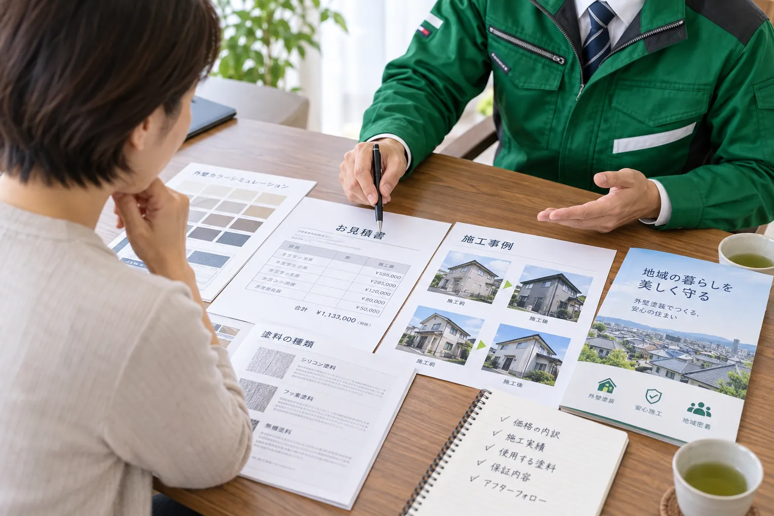 担当者と施主が見積書や施工資料を確認する様子