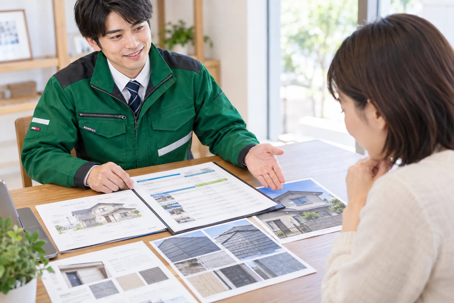 担当者と施主が見積書と住宅資料を確認する様子