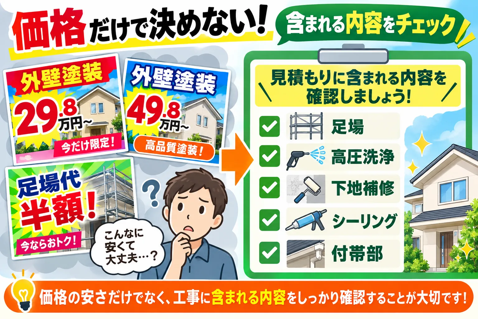 外壁塗装の価格に含まれる足場・洗浄・下地補修・シーリング・付帯部を確認する