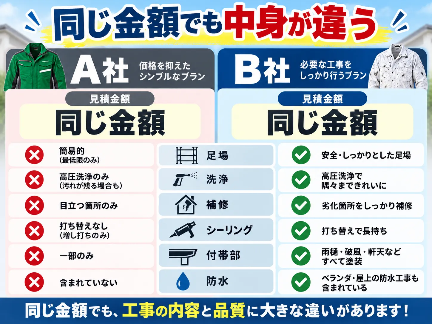 同じ見積金額でも工事内容と品質が異なる2社の比較