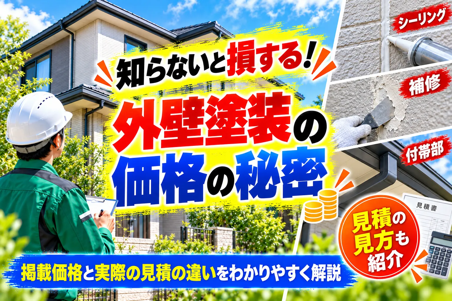外壁塗装の価格の秘密と掲載価格・実際の見積りの違いを案内する画像