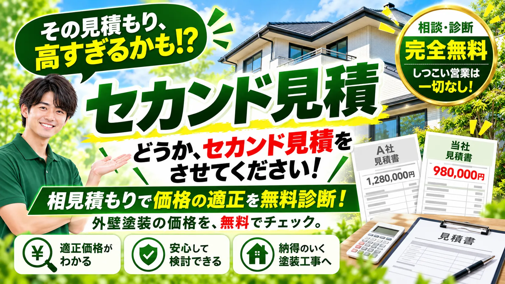 住宅と見積書を見ながら工事内容を比較するイメージ