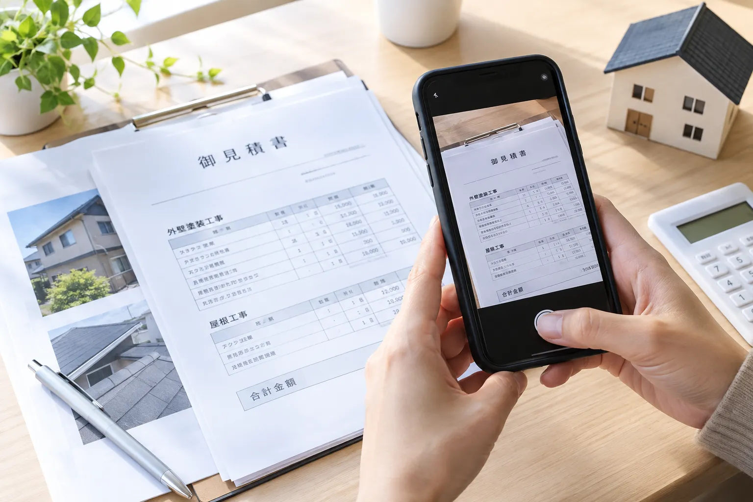 スマートフォンで他社の見積書を撮影して送るイメージ