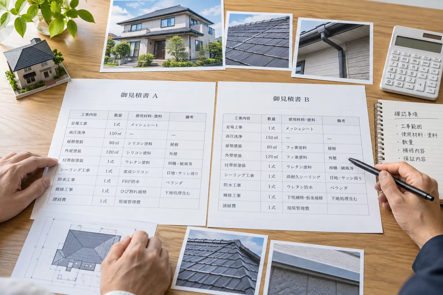 複数の見積書と工事資料を比較整理するイメージ