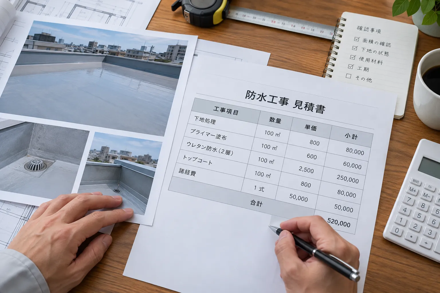 施工面積と工事項目を分けて確認する防水工事の見積資料イメージ