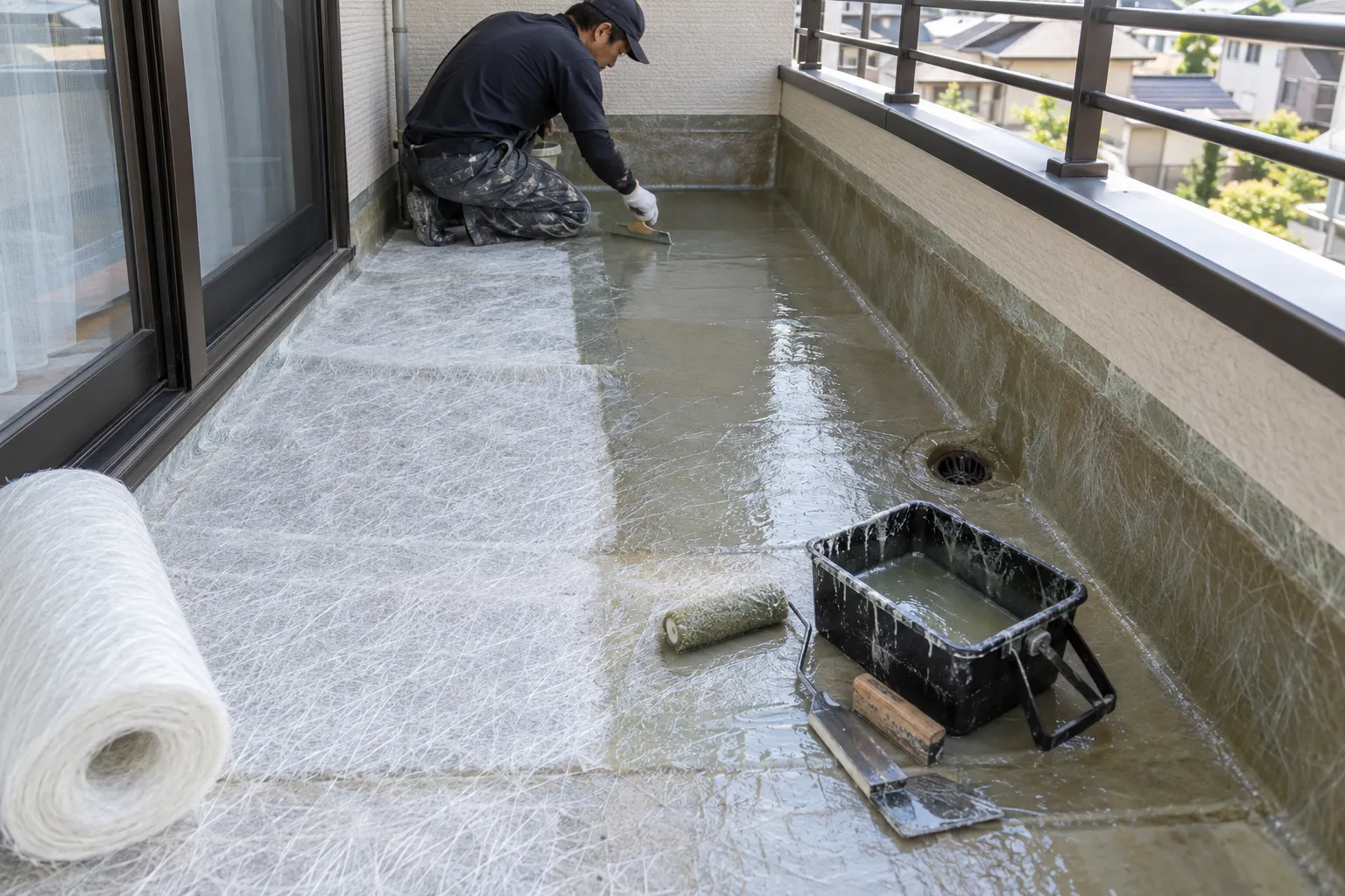 ガラス繊維と樹脂でFRP防水層を施工するイメージ