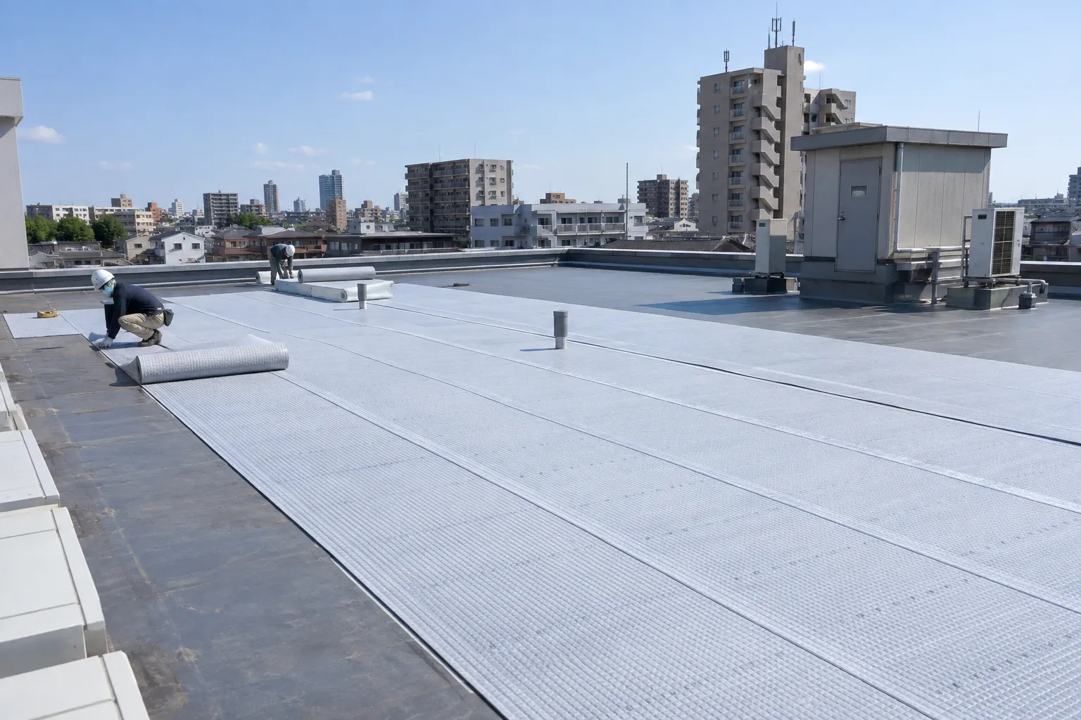 屋上の防水面と脱気・排水部材のイメージ