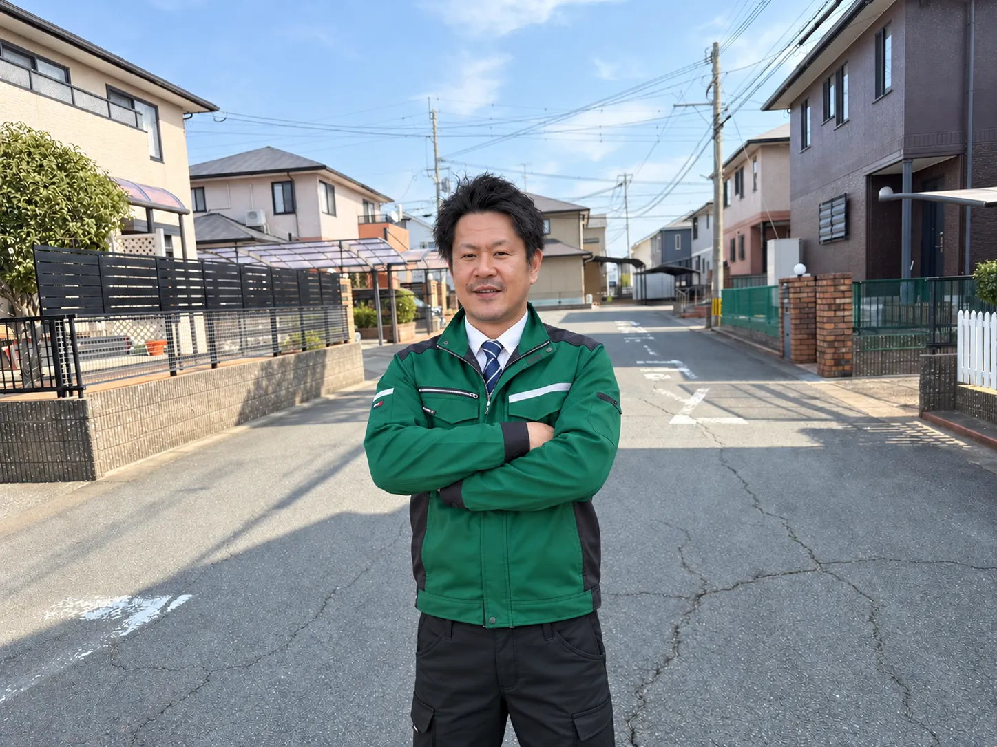 住宅街に立つ緑色の作業服姿の担当者
